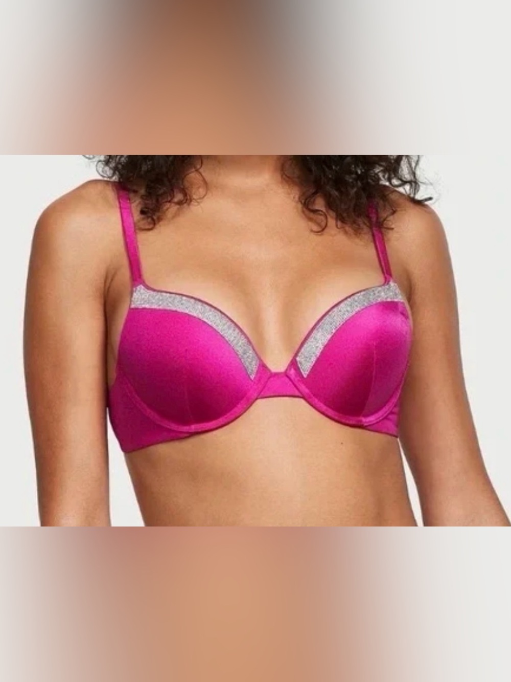 Victoria's Secret Hot Pink Satin Push-Up Bikini with Silver Glitter Trim